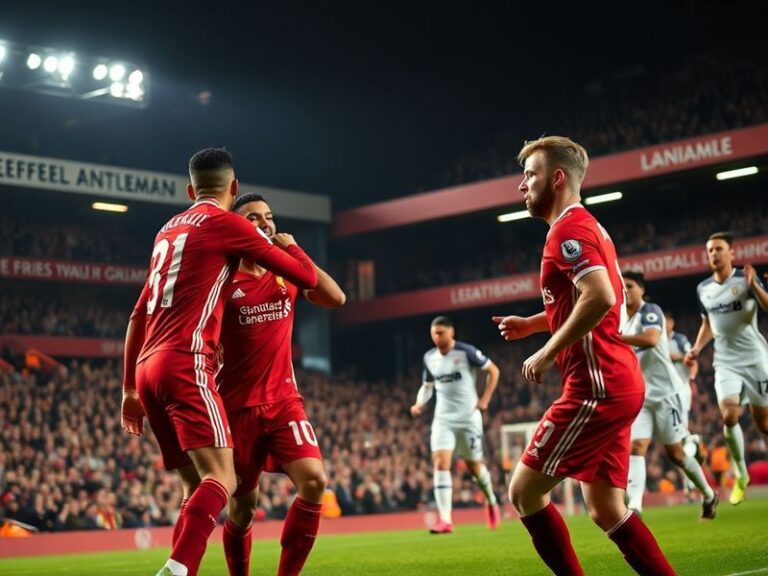A wide-angle shot of Liverpool's players celebrating a goal at Anfield with Fulham players in the background, showing the int