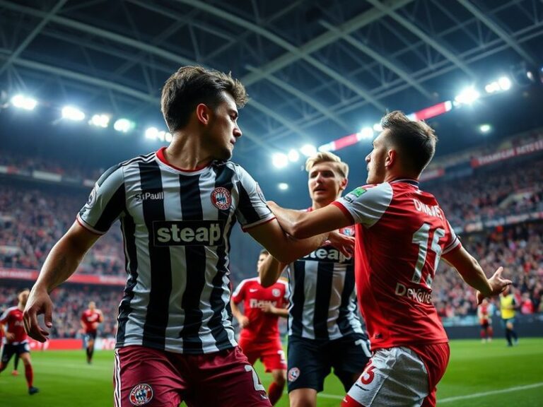 A vibrant stadium atmosphere with St. Pauli fans in the foreground holding their iconic skull-and-crossbones flags, while Bay