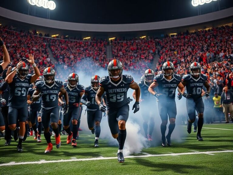 A dynamic action shot of the DC Defenders in their navy and gold uniforms, playing on a vibrant field under stadium lights, w