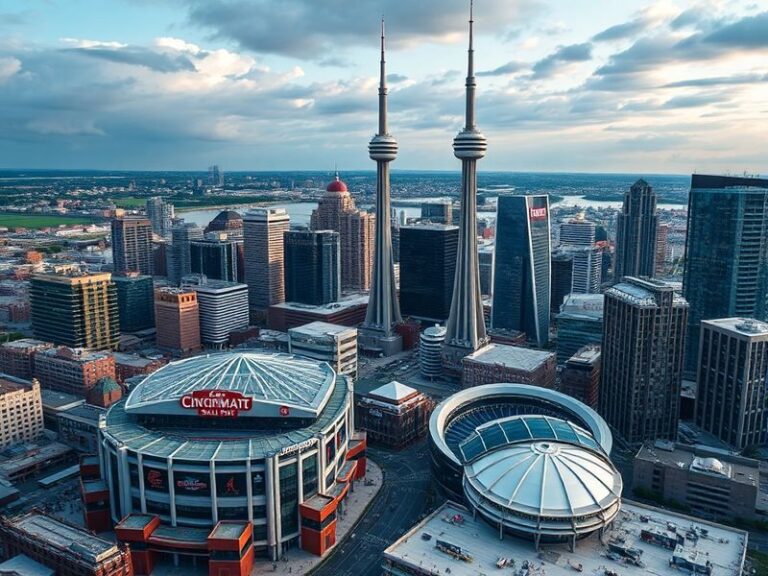 A split-image photograph: on the left, Cincinnati’s skyline with the Roebling Bridge over the Ohio River, featuring historic