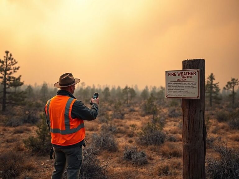 A wide-angle shot of a smoky wildfire approaching a suburban neighborhood at dusk, with firefighters in the foreground and or