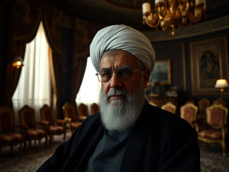 A dignified portrait of Ayatollah Ali Khamenei seated in a high-backed chair, wearing a black turban and robe, with the Irani
