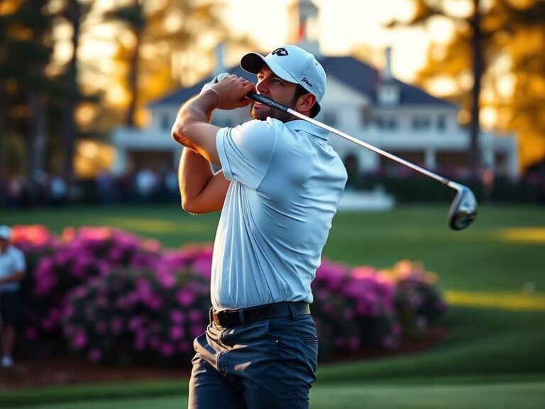 A focused action shot of Charl Schwartzel mid-swing on a sunlit golf course, wearing a blue cap and white shirt, with a deter