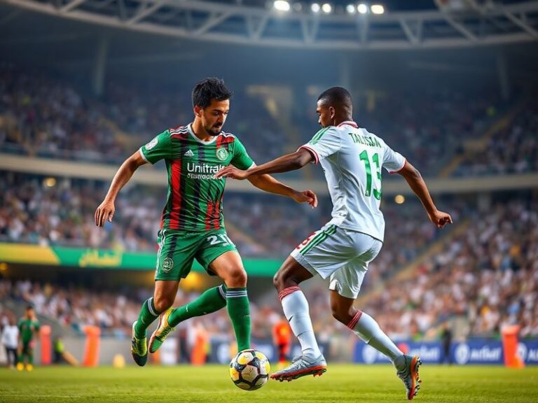 A vibrant stadium atmosphere during a Saudi Pro League match between Al Akhdoud and Al-Nassr, featuring Al-Nassr's star playe