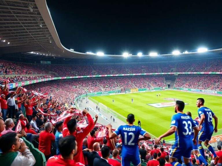 A vibrant shot of Al Akhdoud players celebrating a goal against Al-Nassr, with fans in green and white waving flags in the ba