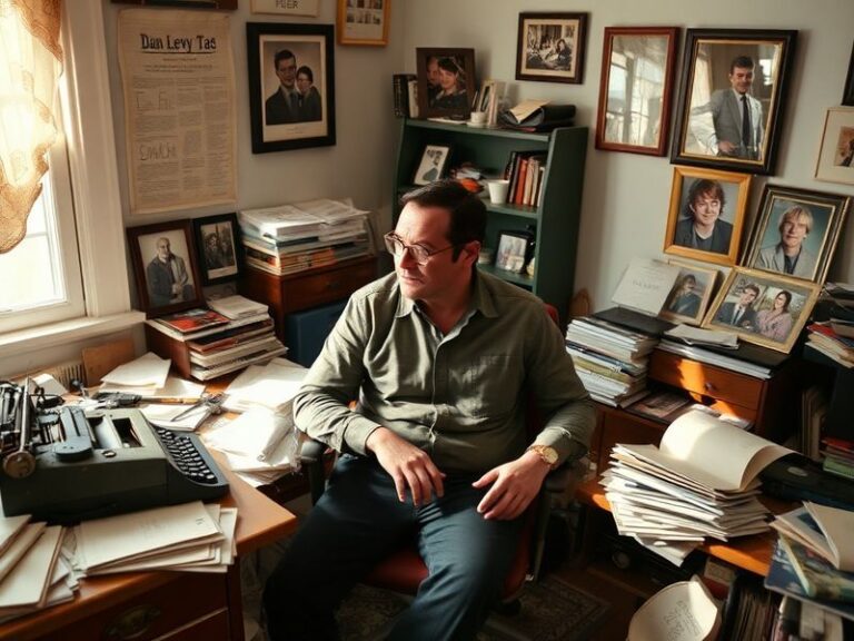 A stylish promotional image featuring Dan Levy in a modern, minimalist setting, dressed in a casual yet sophisticated outfit.