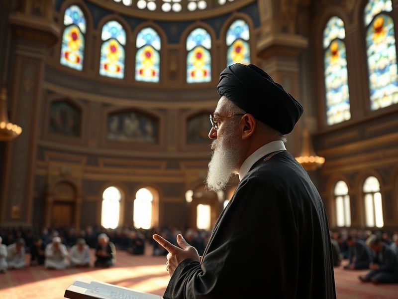 A formal portrait of Mojtaba Khamenei in traditional Islamic attire, standing in a dimly lit room with Iranian flags and reli