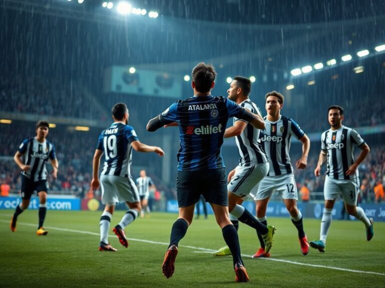 A dynamic action shot from the Atalanta vs Juventus match at the Gewiss Stadium in Bergamo. The image captures a tense moment