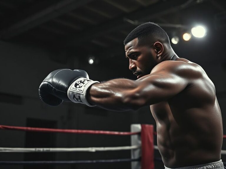 A dynamic action shot of David Haye mid-combo in a boxing ring, showcasing his signature speed and footwork, with a packed ar