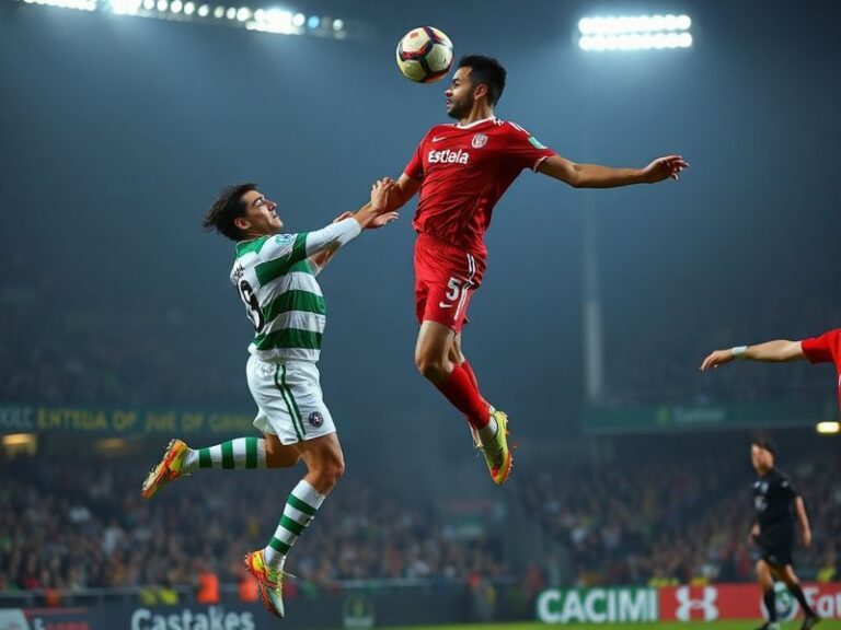 A dynamic shot of Estrela Amadora players celebrating a goal against Sporting CP at a packed stadium, highlighting the contra