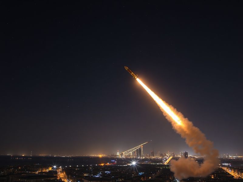 A dramatic nighttime scene showing Israel's Iron Dome intercepting incoming Iranian missiles, with bright flashes of light il