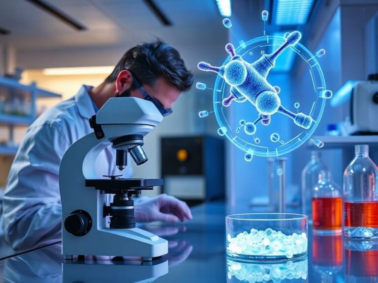 A split-screen image: on the left, a scientist in a lab reviewing data on a computer; on the right, a smartphone displaying t