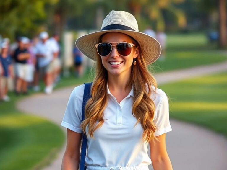 A candid photo of Justine Karain and Patrick Reed at a golf event, with Justine smiling and Patrick in the background. The se