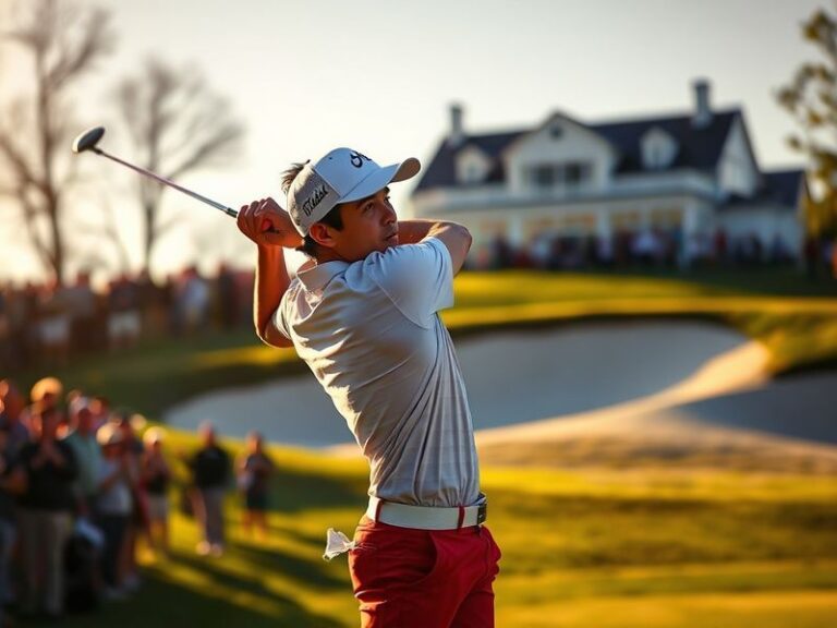 Collin Morikawa mid-swing on a lush golf course, wearing a white cap and Titleist gear, with a focused expression. The backgr