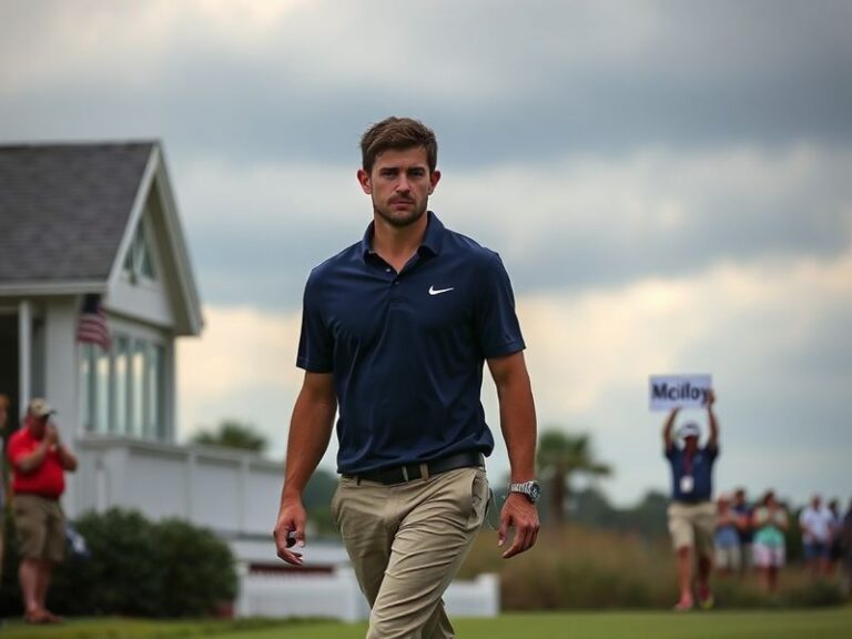 A dramatic shot of Rory McIlroy mid-swing on the golf course, surrounded by spectators, with a pained expression indicating d