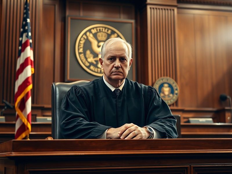 A solemn courtroom scene with a federal judge seated at the bench, gavel in hand, surrounded by legal books and an American f
