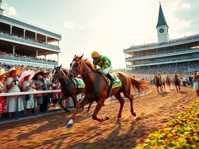 A vibrant scene at Churchill Downs during Derby Week, featuring a chestnut colt in morning training on a sunny spring day, wi