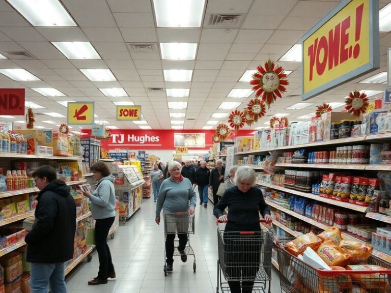 A nostalgic photo of a closed TJ Hughes storefront, featuring the brand’s logo and empty display windows, set against a typic