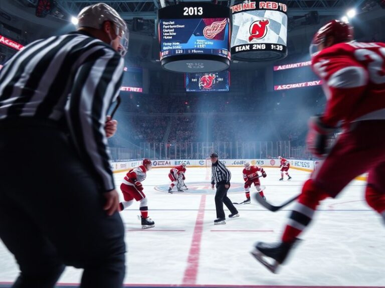 A split-screen image showing a Detroit Red Wings player celebrating a goal on the left and a New Jersey Devils goaltender mak