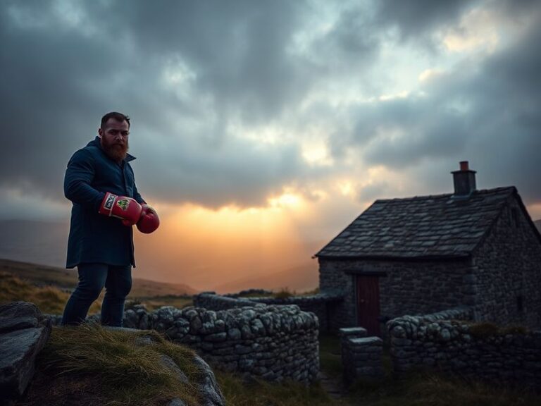 A panoramic view of a packed outdoor venue on the Isle of Man, with Tyson Fury entering the ring under stormy skies, surround
