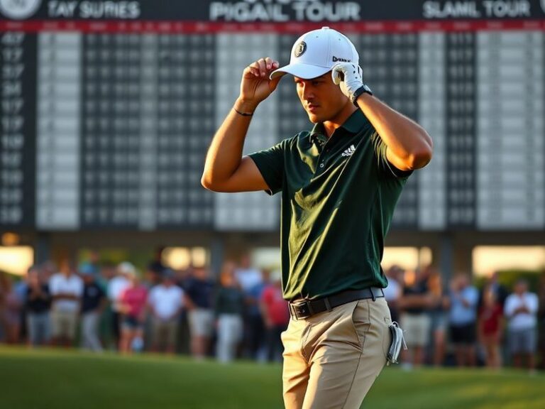 Jason Day in a crisp white and green Masters outfit, standing on the Augusta National course with his cap slightly tilted, em