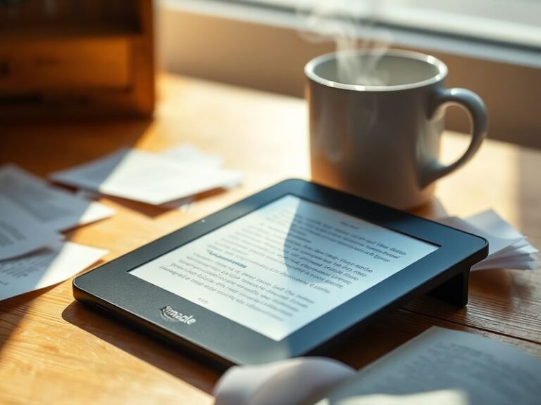 A sleek Amazon Kindle device displaying an open book on a wooden desk, with soft morning light casting a warm glow. In the ba