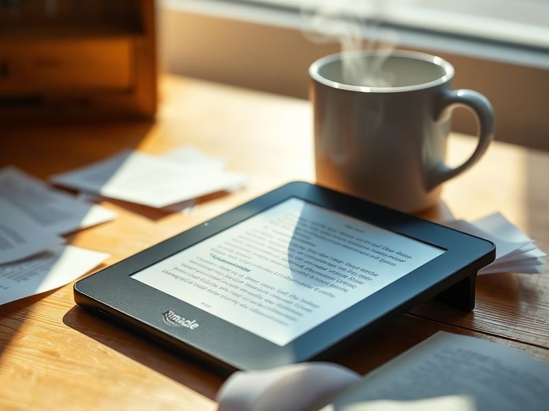 A sleek Amazon Kindle device displaying an open book on a wooden desk, with soft morning light casting a warm glow. In the ba