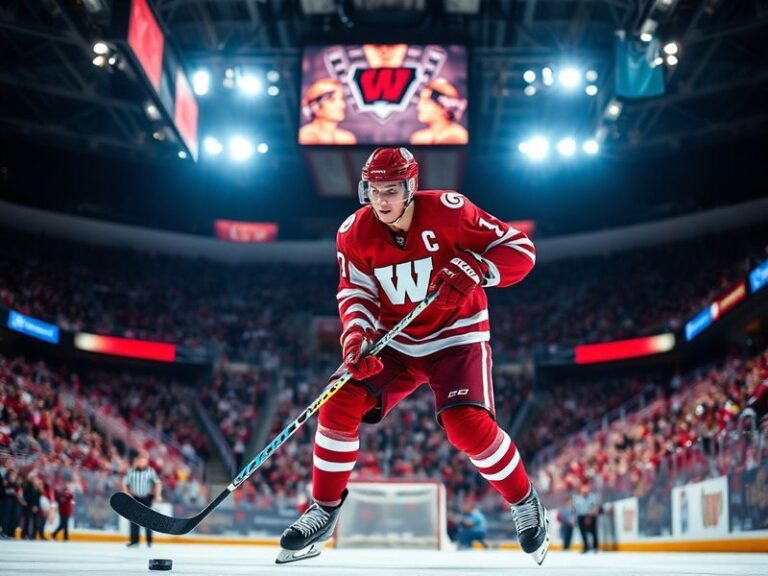 A vibrant action shot of a Wisconsin hockey game at the Kohl Center, with the home team in cardinal and white battling for th