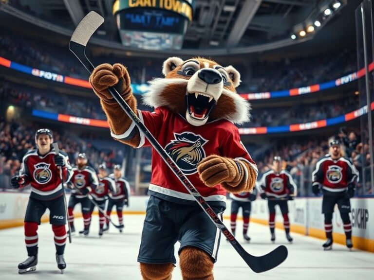 A packed Kohl Center during a Wisconsin Badgers hockey game, with fans in red jumping in celebration, bright arena lights, an