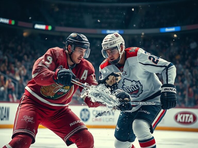 A packed arena with fans in red and green jerseys cheering during a DU hockey game, featuring the University of Denver and Un