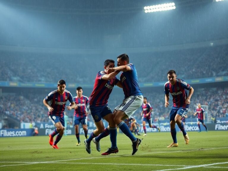 A packed stadium during a Boca Juniors vs Independiente match, showing intense fan action, colorful banners, and players on t
