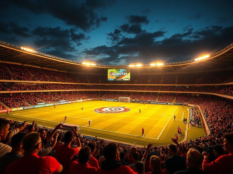 A vibrant match scene at Estadio Corregidora with players in red and black (Querétaro) and green and white (Necaxa) jerseys b