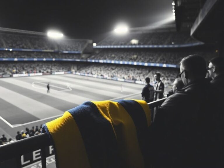 A vibrant stadium atmosphere during a Boca Juniors vs Independiente match, featuring Boca’s blue and yellow colors on one sid