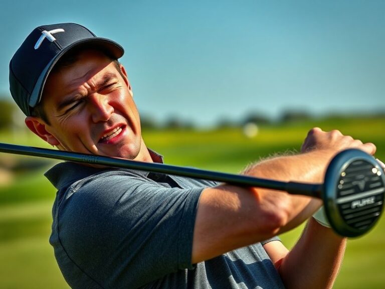 A dynamic action shot of Burns Golfer mid-swing, surrounded by a modern, eclectic golf setting with neon lighting and digital