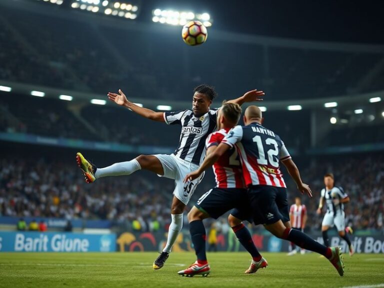 A vibrant scene from a Santos vs Atlético Mineiro match, featuring players in action on a lush green pitch under stadium ligh