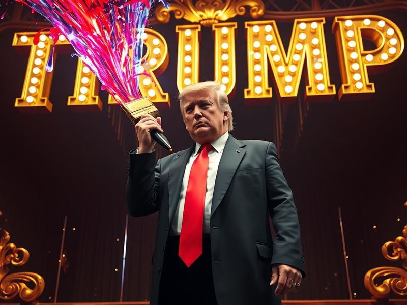 A close-up shot of a red spray paint can labeled 'Trump Magic Paint' with bold, politically themed branding, set against a ba