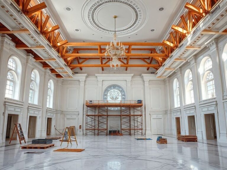 A detailed illustration of the White House ballroom under renovation, showing construction barriers, exposed structural eleme