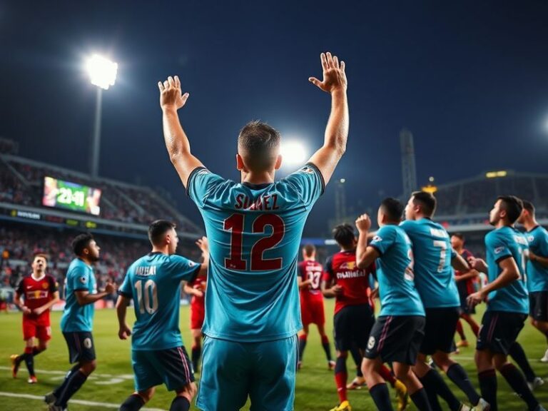 A dynamic action shot of Lionel Messi in an Inter Miami jersey controlling the ball against New York Red Bulls defenders duri