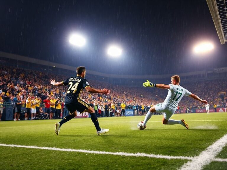 A vibrant matchday scene at Geodis Park in Nashville, with fans in scarlet and gray waving flags, smoke from flares filling t