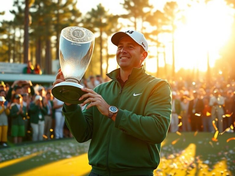 Scottie Scheffler in his signature green jacket, holding the Masters trophy on the 18th green at Augusta National, surrounded