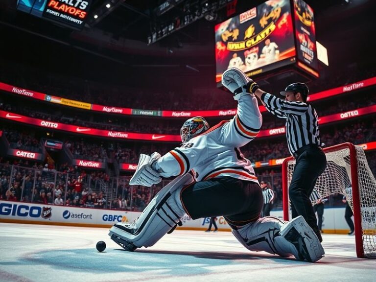 A vibrant shot of an NHL playoff game in progress, featuring players battling on the ice, a packed arena with cheering fans,