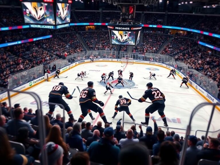 A fast-paced NHL game between the Vegas Golden Knights and Colorado Avalanche, featuring star players like Nathan MacKinnon a