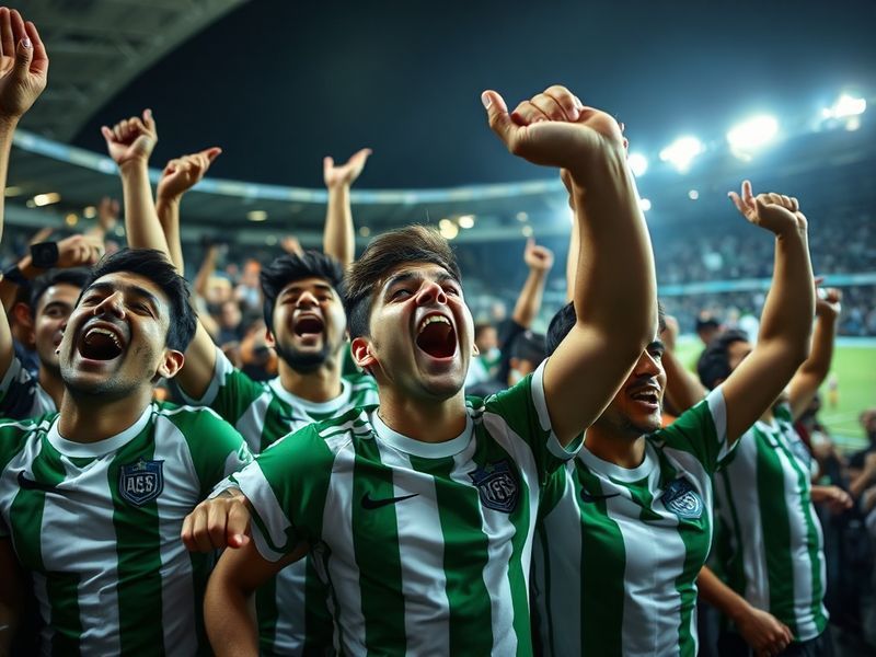 A vibrant stadium atmosphere with Pachuca's blue-and-white colors clashing against Santos Laguna's green-and-white. The stand