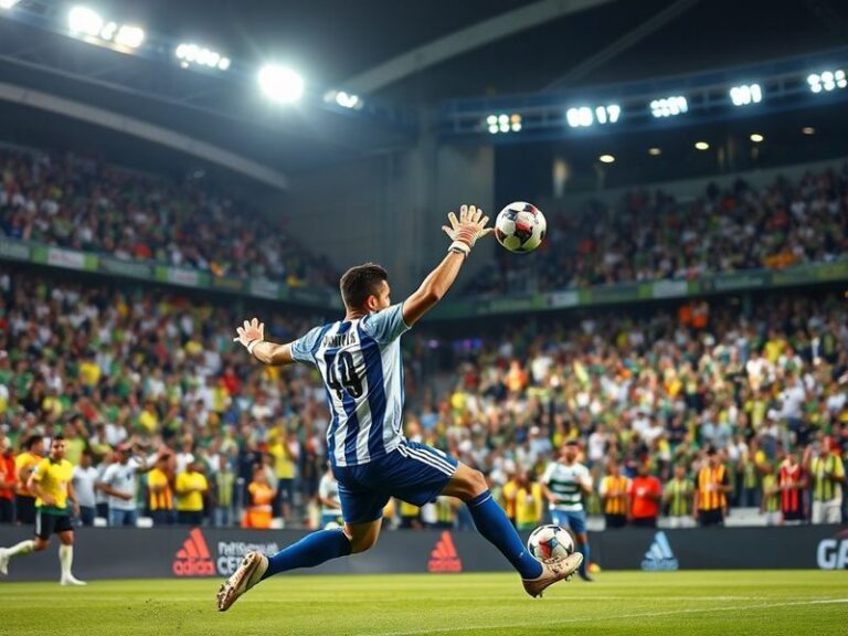 A vibrant stadium atmosphere with Pachuca's blue and white colors clashing against Santos Laguna's green and white. The stand