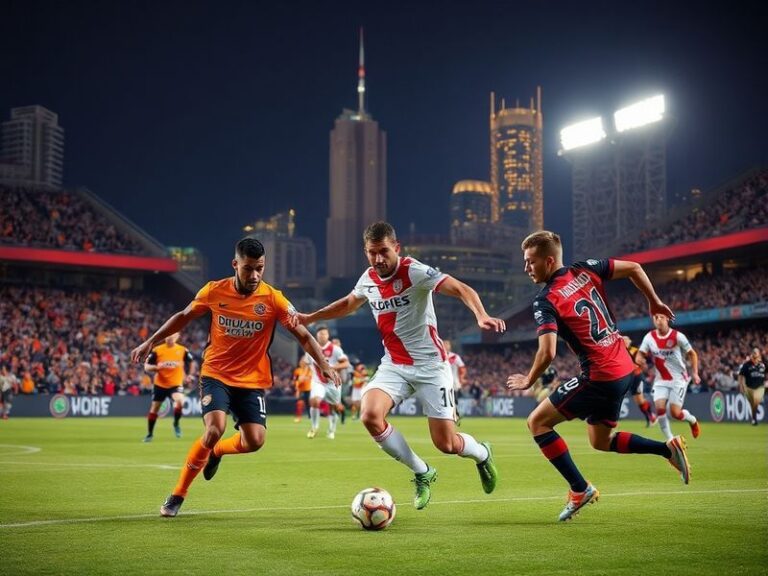 A vibrant MLS match scene at BBVA Stadium with Houston Dynamo players in orange and blue jerseys facing Colorado Rapids in ma