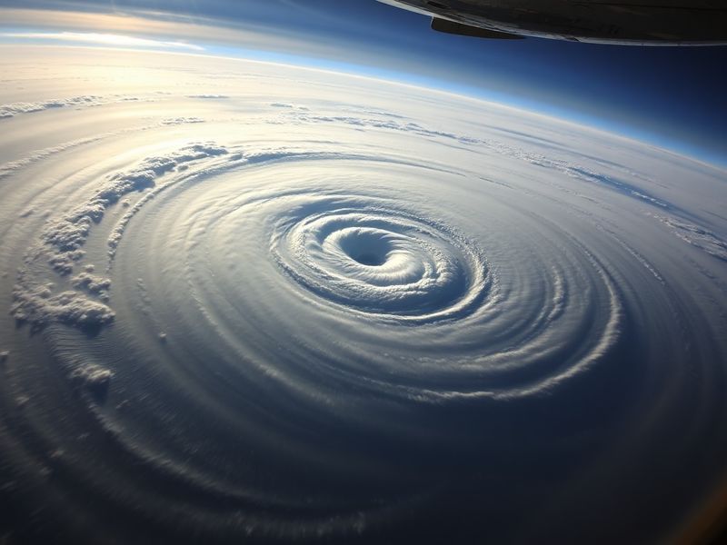 A dramatic wide-angle shot of a tropical cyclone approaching Fiji's coastline, with dark storm clouds swirling over turquoise