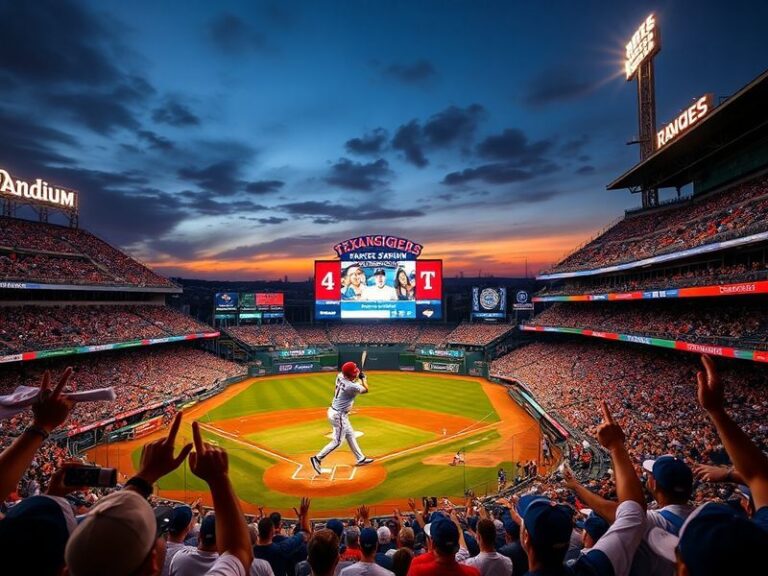 A split-screen image showing a Texas Rangers player at bat on one side and a Los Angeles Dodgers pitcher on the other, with a