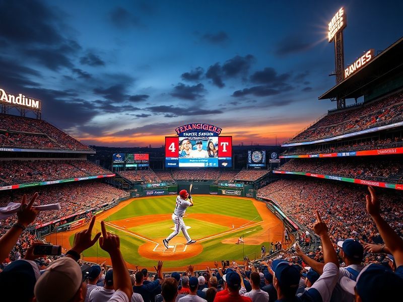 A split-screen image showing a Texas Rangers player at bat on one side and a Los Angeles Dodgers pitcher on the other, with a