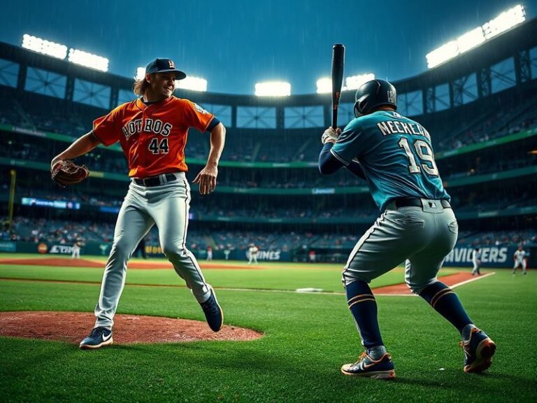 A high-energy baseball photo from a night game at Minute Maid Park, showing the Astros' Yordan Alvarez swinging for a home ru