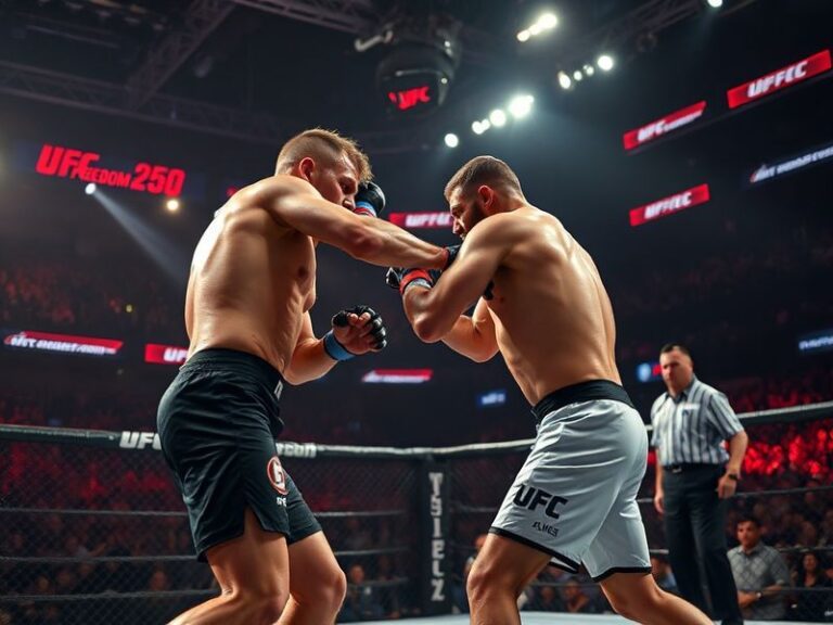 A vibrant promotional poster for UFC Freedom 250 featuring Islam Makhachev and Charles Oliveira in striking poses, with Abu D